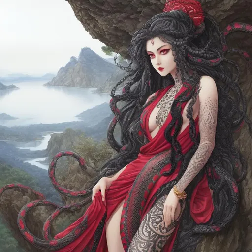 Prompt: medusa, masterpiece hyper realistic water color pastel mix, slender young beautiful small body, hyperdetailed luxury pattern black red kimono dress, with with hyperdetailed black snakes in her hair, beautiful detailed red eyes, beautiful hyperdetailed gloss lips, highly detailed bare feet, hyperdetailed soft smooth skin, tribal tattoo,

highly detailed scenic view landscape, hopeful, happy,

standing on the mountain, feet visible, mountain shrouded with cloud, flowers,

strong wind, strong ambient sunshine, very strong sunshine, back light, studio lighting, cinematic light, ambient light, natural light, rim lighting,

volumetric lighting maximalist photo illustration 64k, resolution high res intricately detailed complex,

masterpiece, oil painting, ultra realistic, hyperrealism, fantasy, sharp focus, digital painting, digital art, clean art, professional, colorful, colorful ambient, rich deep color, concept art, colorful ink illustration, finely detailed, CGI winning award, highly realistic, UHD, HDR, 64K, RPG, WLOP, Greg Rutkowski, Makoto Shinkai, UHD render, HDR render, 3D render cinema 4D