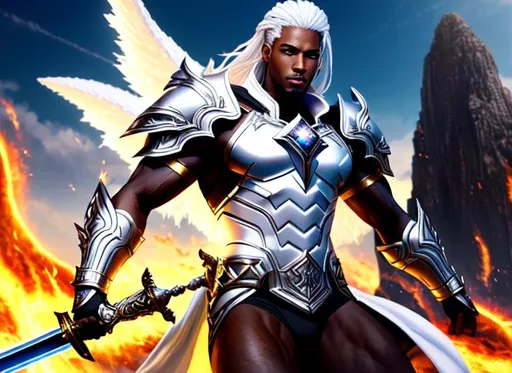 Prompt: 6'1 muscular black male, full body flying, modern movie poster, white hair, brown eyes, battlefield setting, ethereal, wearing white fantasy demon armour, fire powers, large detailed sword in hand, floating diamond in background, fantasy skyline, Detailed face, 8k Resolution, photo realistic, hyperrealism, artstation, HD, asymmetrical eyes, naomi scott in tribal cueitl, jewelry set balayage wild hair, royal vibe, highly detailed, digital painting, spaceships on fire in background, dragons flying in background , war background, castles on fire, Trending on artstation , HD quality, tan skin, Big Eyes, artgerm, by Ilya Kuvshinov, hyper realistic, 4K, dynamic lighting, ((white demon wings)), 
