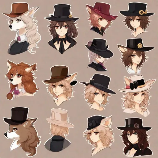 Prompt: Your OC is a small-framed glamrock wolf, with deep-set light brown eyes. They identify as female, and have a monotonous voice. As an accessory, they have a hat, and they can be seen wearing ribbons.