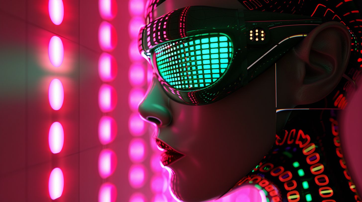 Prompt: female robot in glasses looking at a background, in the style of psychedelic tableaux, intricate costumes, daz3d, mosaic-inspired realism, neon grids, hurufiyya, chromepunk