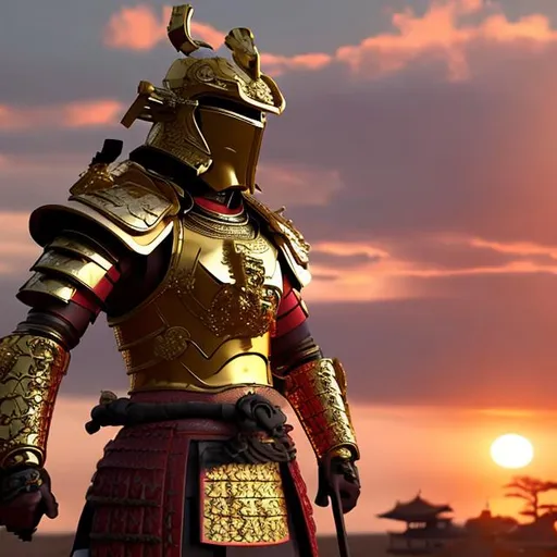 Prompt: Samurai with golden armour and dragon-themed helmet, golden katana looking at the sunset on a battlefield ultra-realistic