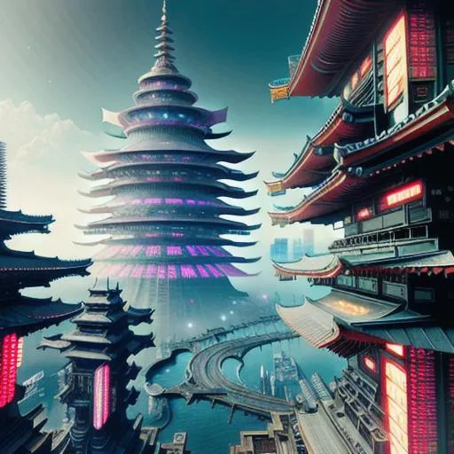 Prompt: ultra detailed cyberpunk hybrid japanese and mystic hindu city, digital painting, ultra fine details, intricate scene, correct, surreal, sci-fi, utopian, concept art, UHD, epic perspective, 12k