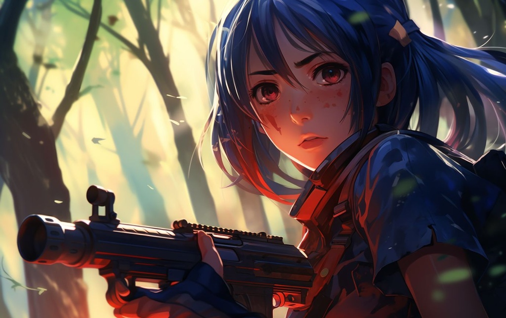 Prompt: an anime girl is holding a weapon next to a tree, in the style of 32k uhd, kanō school, vibrant worlds, realist, ghosting effect