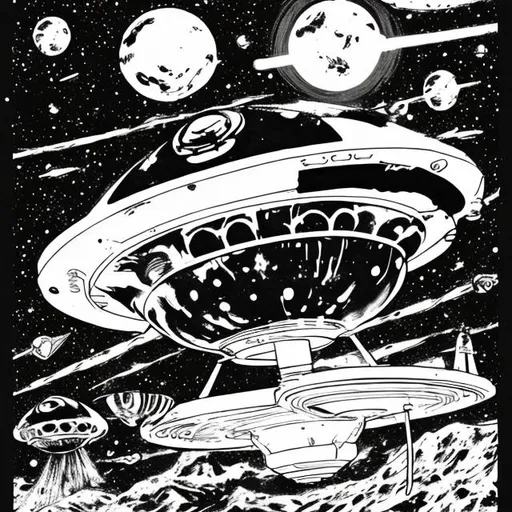 Prompt: Cover art UFO comic style black and white