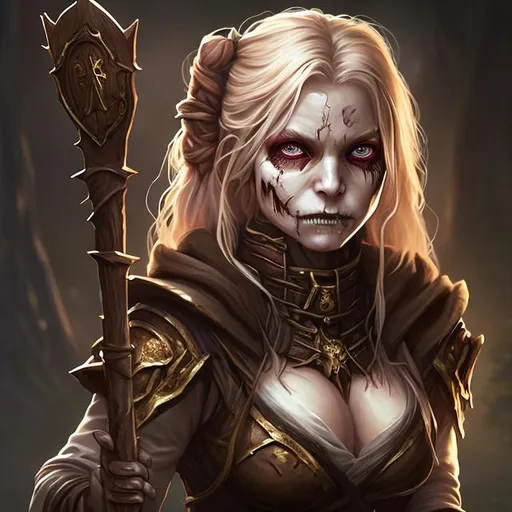 Prompt: Full body splash art of a sweet, youthful, female undead zombie sorceress, skull nose, blue eyes, very long brown blonde hair with bangs, wearing long light-colored iridescent robe, carrying a wooden staff, D&D, dnd, fantasy, highly detailed, sharp focus, digital painting, artstation, 4k, 8k