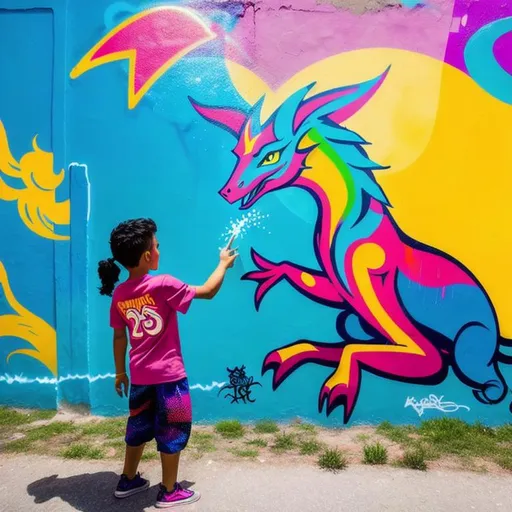 Prompt: A graffiti artwork depicting a mythical creature, captured as a child playfully imitates the creature's pose, imaginative interaction, childhood wonder, colorful and imaginative atmosphere, urban storytelling, afternoon sun casting shadows.