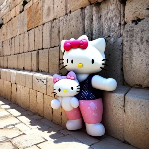 Prompt: hello kitty at the western wall jerusalem