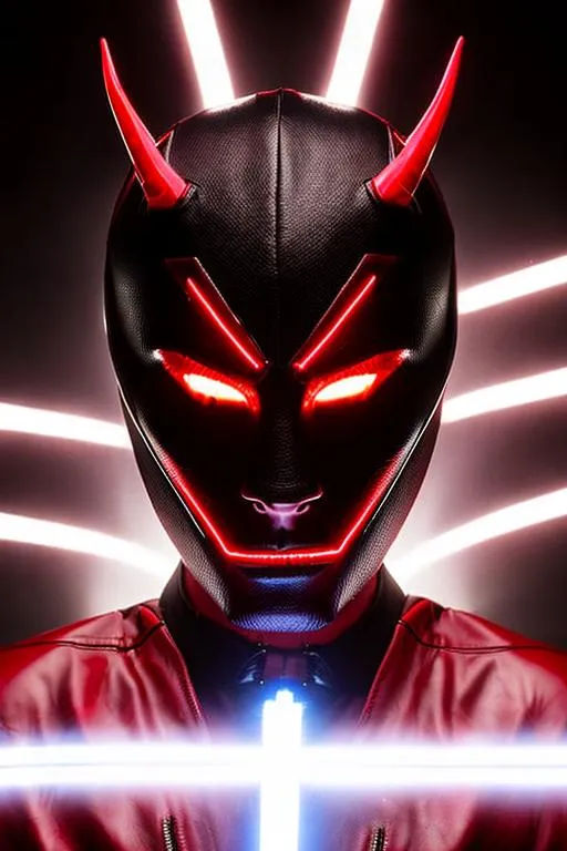 Prompt: Photorealistic Devil man, Red Skin and eyes, Black markings on his face, Black horns with red tips, Red and Black reinforced Leather Jacket, Intricately Detailed, Hyper Detailed, Hyper Realistic, Volumetric Lighting, Beautiful coloring and face detail