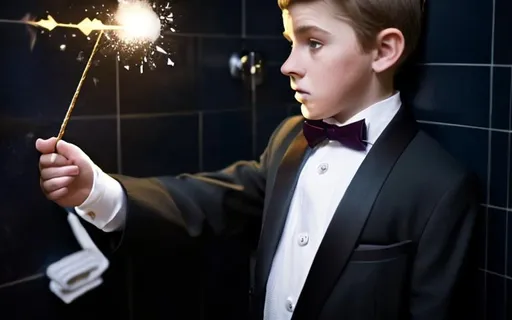 Prompt: Boy waring a polo in bathroom stall gets a magic spell cast on him by a 13 year old boy in a tuxedo who used his magic spell to cast the spell