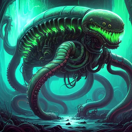 Prompt:  fantasy art style, painting, deep ocean, robotic, green, green lights, green neon lights, lightning, colourful, murky, H. R. Giger, waves, misty, biological mechanical, pipes, snakes, serpents, eels, tentacles, jellyfish, squid, giant robot, robot, machine, pregnant robot, war machine, inseminate, insemination, pregnancy, pregnant, mother, mother with pregnant belly, pregnant woman, futuristic, dystopian, alien, aliens, forced insemination, egg laying