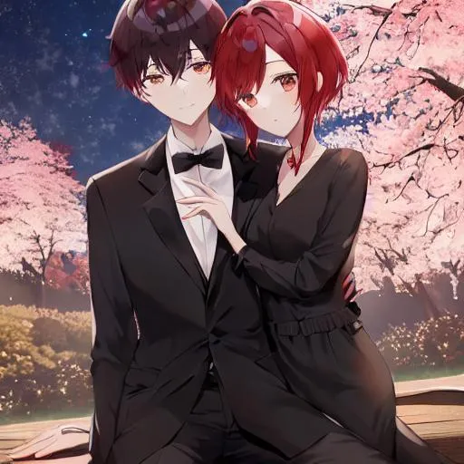 Prompt: A cute boy that has short red hair with black highlights in it. At night, sitting under a cherry tree on a hill while playing the violin. Is wearing a black and white tuxedo. Smiling.