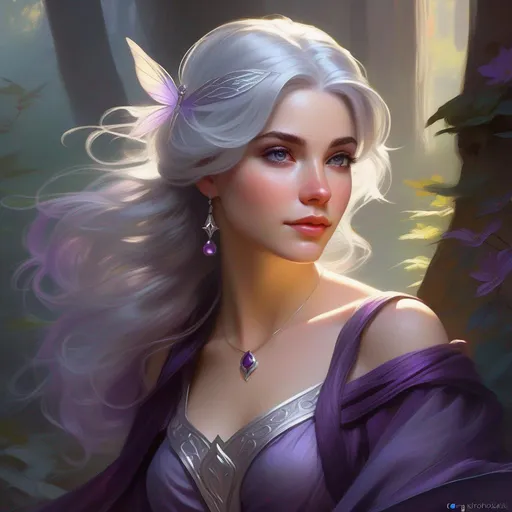 Prompt: Third person, gameplay, fairy girl, pale skin, silver hair, freckles, dark violet eyes, fantasy, silver atmosphere, cartoony style, extremely detailed painting by Greg Rutkowski and by Henry Justice Ford and by Steve Henderson 