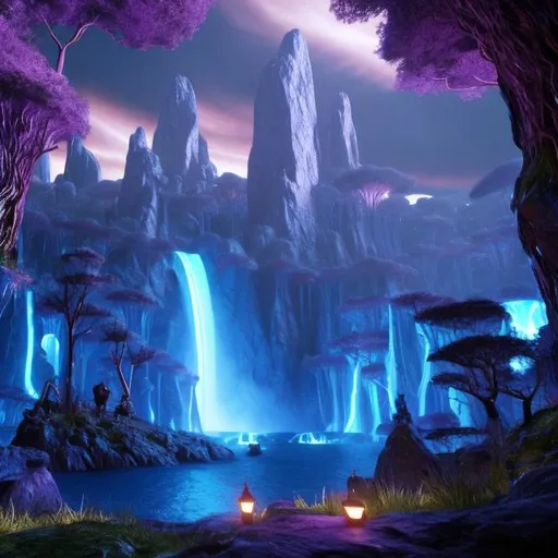 Prompt: Envision a civilization near a glowing waterfall in a lush forest. Fantasy, another dimension. Hyperrealistic, UHD, HD, 8K,  