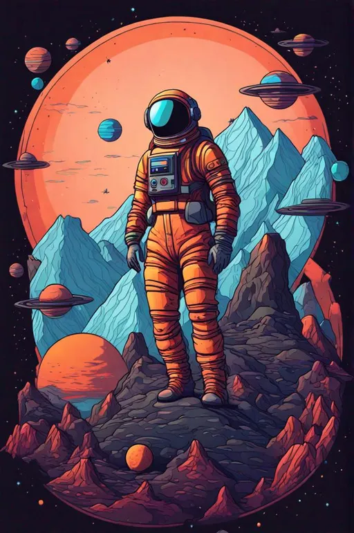 Prompt: astronaut in space suit standing on a rocky surface with planets in the background, intricate design pop art, fortnite skin, dark grey and orange colours, style of cartoon, moutains, bold psychedelic colors, to infinity and beyond, astronaut below, nomad