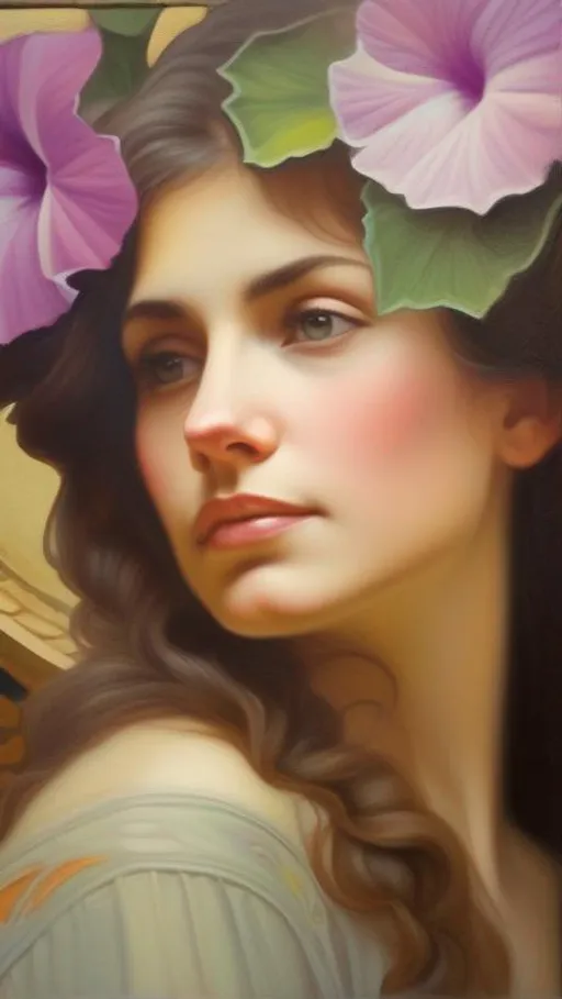 Prompt: portrait of a beautiful woman with petunias, oil painting, intricate, sharp focus, in the style of Alphonse Mucha