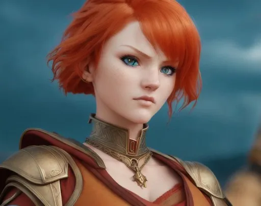 Prompt: WETA Digital 3D Rendered Low-Angle Close-Up View of Confident Shiris, Fiery-Redheaded Mercenary Warrior. Intense Gaze, Determined Expression on her Strikingly Beautiful Face. Piercing Almond-Shaped Eyes reflecting her inner strength. Warrior spirit. Blue Aqua Sky. Golden Choker. Brown Cloak clasped before her chest. Octace Render