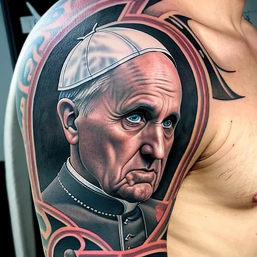 Prompt: Hyper realistic Pope shaking tattoo