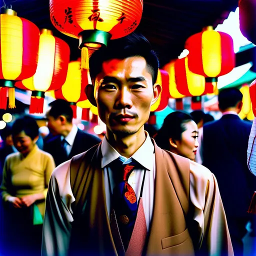 Prompt: A Chinese person, elegant and refined, dons a necktie, adding a modern twist to their traditional clothing. The scene is set in a bustling Chinese market, vibrant with colorful lanterns, fragrant spices, and ornate architecture. The mood is a blend of nostalgia and contemporary flair. The camera captures this juxtaposition, using a vintage film camera with soft focus and warm tones. Influenced by the works of Ai Weiwei's social commentary and Zhang Daqian's mastery of traditional Chinese painting, the image becomes a harmonious blend of culture and creativity.