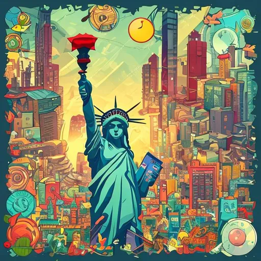 Prompt: cartoon, cute statue of liberty, city background, hidden picture style