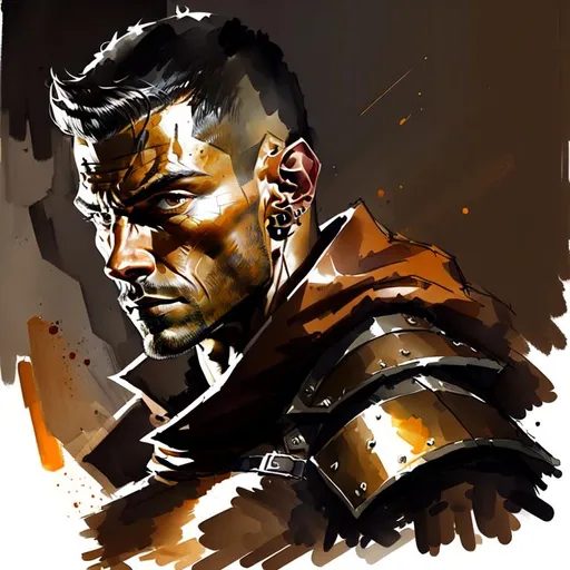 Prompt: Portrait, male rogue, pointy ears, wearing a brown leather armour, dark skin, dark night desert, night sky colors