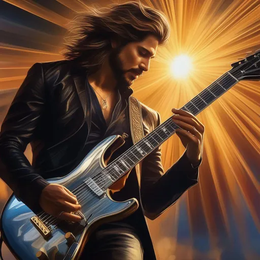 Prompt: Chiaroscuro, landscape, UHD, 8K, exquisite, hyper-realistic, (magic:3), A D&D 3e style illustration of a heavy metal guitarist,  dashing, handsome, sunshine rays