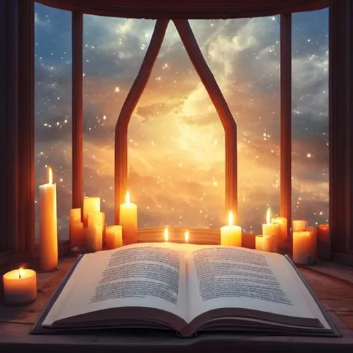Prompt: An image of a room full of books and lit candles, through the window you can see heaven and a gentle flame floating in the sky