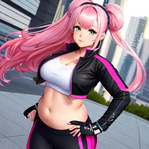 Prompt: Cute chubby athletic girl wearing fantasy martial artist gear, slight muscles, hands on hips, long pink hair, leggings, cropped shirt, cropped jacket, fingerless gloves, bare belly, detailed belly, detailed navel, very high quality, very detailed, trending on artstation, anime, Full body character, UHD, 8K, masterpiece, high quality face, city at night,