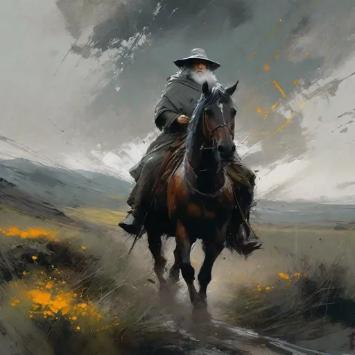 Prompt:  .scene form lord of the rings Frodo Beutlin walks through the field wiht gandalf the grey  masterpiece, textured Speedpaint with large rough brush strokes and paint splatter by Jeremy Mann, Carne Griffiths, Junji Ito, Robert Oxley, Ismail Inceoglu, masterpiece, trending on artstation, particles, oil on canvas, highly detailed fine art, ink painting, hyperrealism | Pixar gloss | polished, Anato Finnstark | Android Jones | Darek Zabrocki, Boris Vallejo, David