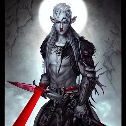 Prompt: realistic character concept portrait of a male drow, with horns of ivory, long black hair, grey skin, red eyes, wearing a brown coat with a black t-shirt, holding in his right hand a pure black sword with a red eye on the beginning of the blade, in the other hand a shadow blade.