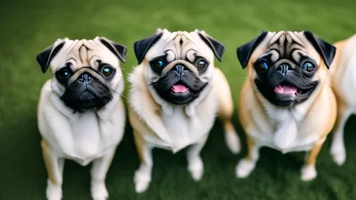 Prompt: Multiple pug dogs smiling on a suburban lawn