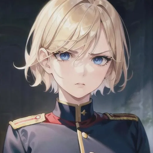 Prompt: (masterpiece, illustration, best quality:1.2), portrait, angry expression, mature look, eye bags under eyes, black eyelashes, short pixie style hair, blonde hair, blue eyes, all red German soldier uniform, best quality face, best quality, best quality skin, best quality eyes, best quality lips, ultra-detailed eyes, ultra-detailed hair, ultra-detailed, illustration, colorful, soft glow, 1 girl