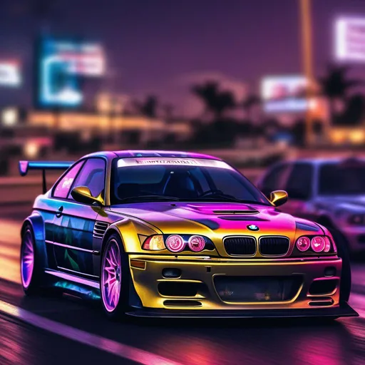 Prompt: 2001 BMW M3 E46 GTR, synthwave, aesthetic cyberpunk, miami, highway, dusk, neon lights, coastal highway, dusk, neon lights, coastal highway, sunset, drift, nurburgring, water on the road, blade runner, 64k, watercolor, macro sharp focus, 8, hyper realistic, cinematic, highly detailed, photoraelistic, clean