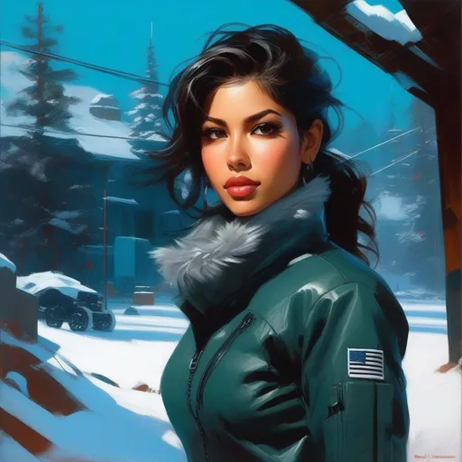 Prompt: Latina girl in Metal Gear Solid, cartoony, cold winter atmosphere, extremely detailed painting by Greg Rutkowski and by Henry Justice Ford and by Steve Henderson