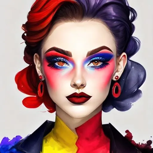 Prompt: A woman all in primary colors, pretty makeup