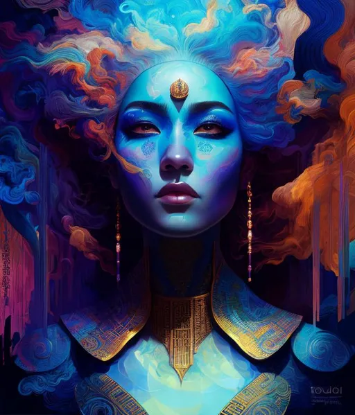 Prompt: very detailed oil painting, super empath portrait, Digital illustration, Aokamei, Todd McFarlane, 4k, calligraphy, hieroglyphs smooth lines, gradient fills, beautiful curves, flowing shadows, alternating light and shadow areas, shadows dancing in the rhythm of smoke