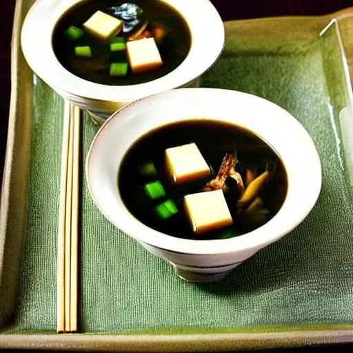 Prompt: Miso soup: A traditional Japanese soup made with miso, tofu and vegetables, which is rich in nutrients and low in calories.