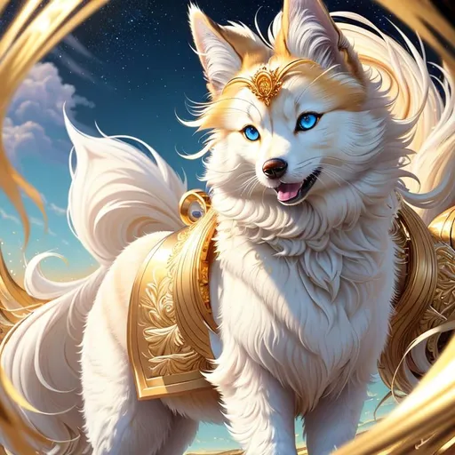 Prompt: (16k, 8k, 3D, ultra high definition, full body focus, very detailed, masterpiece, detailed painting, ultra detailed background, UHD character, UHD background) character design portrait of a beautiful medium-sized female ((quadruped)) with wind powers, golden-white fur and golden hairs, vivid crystal-blue eyes, big expressive 8k eyes, long blue diamond ears with royal blue and magenta interior, (sapphire sparkling rain), cute fangs, majestic like a wolf, playful like a fox, energetic like a deer, calm and inviting smile, ears of blue point siamese cat,  golden retriever face, fur speckled with sapphire crystals, fluffy mane, insanely detailed fur, insanely detailed eyes, insanely detailed face, standing in fantasy garden, atmosphere filled with (sparkling rain) and (flower petals), pink and cyan flowers, cherry blossoms, mountains, auroras, pink twilight sky, Sylveon
