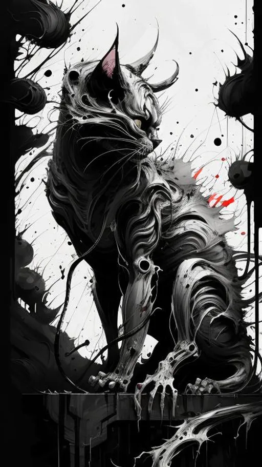 Prompt: Demon Cat negative black and white Speedpaint with large brush strokes by , Junji Ito, Ismail Inceoglu, , Gazelli, M.W. Kaluta, richard anderson, paint splatter, white ink, a masterpiece, 8k resolution, trending on artstation, horror, terrifying, highly detailed and intricate