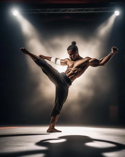 Prompt: A powerful athlete captured mid-kick, body arched back, muscles tensed, performing an athletic capoeira move. Bright stage lighting spotlights the dancer executing the dynamic pose against a dark background. Photographed from a low angle perspective with a 24-70mm lens on a Canon 5D Mk IV to emphasize the height and strength of the kick. Conveys beauty, control, and discipline.