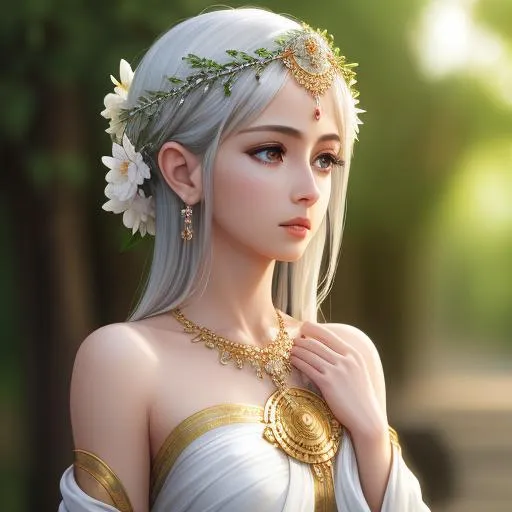 Prompt: Realistic, insanely beautiful greek Goddess, thin_short_small_ears, Highly Detailed body, smooth, fair skin, Furisode, entire body shown, random silver hair, circlet, full body, cinematic, 64K, UHD,