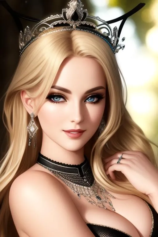Prompt: realistic cinematic full body view of gorgeous blonde lady(beautiful eyes, detailed face, smiling, seeing straight at camera) wearing black mesh clothes with laces, diamond necklace,  soft light on face, wearing a intricately designed crown, in forest, hair with swirls, eye contact, high contrast