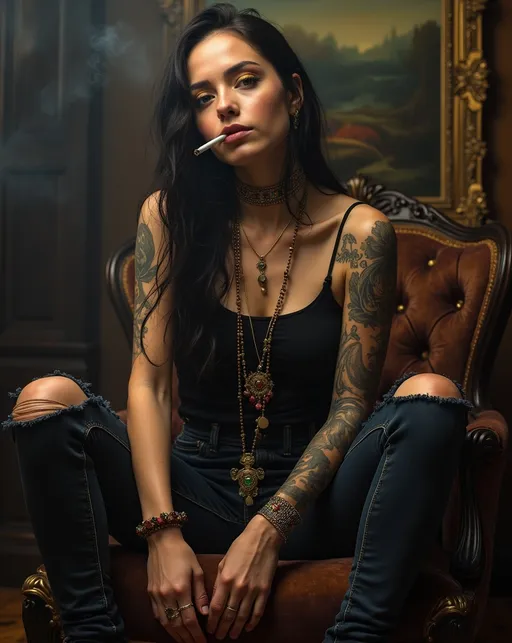 Prompt: modern Leonardo Da Vinci inspired portrait, punk rock woman reminiscent of Mona Lisa, ripped jeans and flowing garments resting backstage after concert, moody, melancholic, cigarette in mouth, glancing at viewer, smokey room, ornate jewelry adorning the subject, tattoos, highly detailed, professional photograph, bold colors, golden ratio composition, mixed temperature lighting, ultra-fine details, Canon 5d mark ii, EOS 50mm lens, f/11, ISO 100