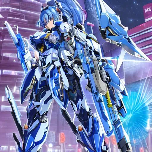 Prompt: Cute girl, use mecha armor, mecha mask, blue hair, ice sword, Guns,  high-quality pitcure, mecha wings, Surrounding cyber punk city