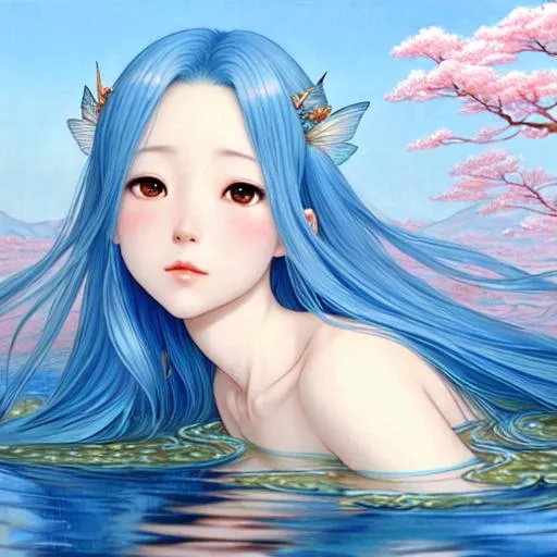 Prompt: Fairy, hair as a river with fish swimming in, by miho hirano, very detailed, ultra realistic, trending on artstation, 8k, 