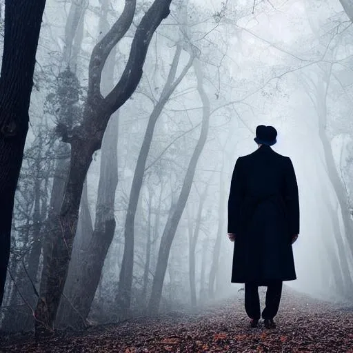 Prompt: deep dark forest with a long black coat man
