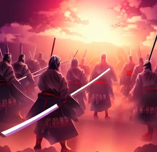 Prompt: Anime war scene graphic High detail Samurai warrior crusaders with Jesus Christ as depicted in the book of  revaltion coming out of heaven gathering his chosen to ride against the enemy Satan and his fallen cyberpunk ninjas