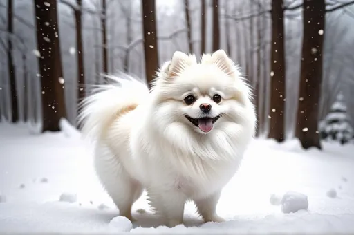 Prompt: Photorealistic scenic snow forest landscape, snow falling, cute little happy white fluffy Pomeranian in the snow, low camera angle, full body visible
