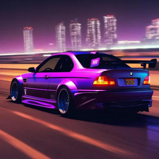 Prompt: 2001 BMW M3 E46 GTR, synthwave, aesthetic cyberpunk, miami, highway, dusk, neon lights, coastal highway, dusk, neon lights, coastal highway, sunset, drift, nurburgring, very detalied