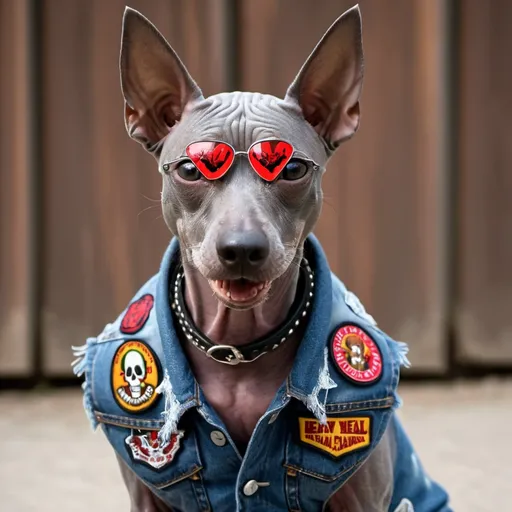 Prompt: Mexican hairless dog wearing a heavy metal music denim vest with patches