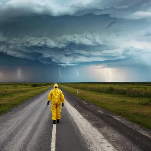 Prompt: guy in a hazmat suit walking on a long highway at day with a thunderstorm
